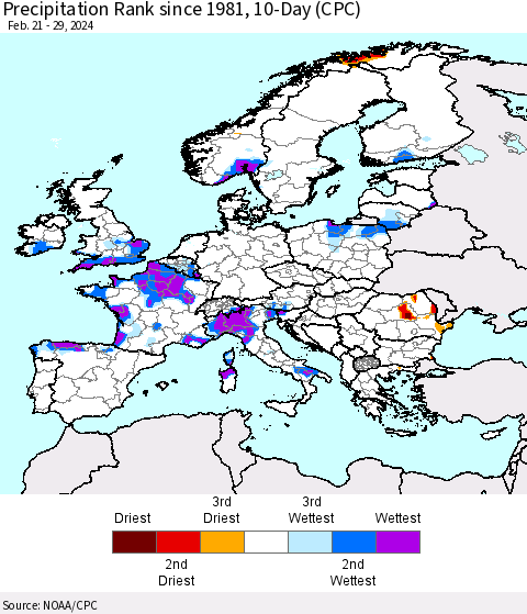 Europe Precipitation Rank since 1981, 10-Day (CPC) Thematic Map For 2/21/2024 - 2/29/2024