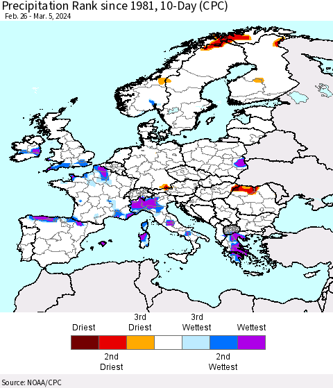 Europe Precipitation Rank since 1981, 10-Day (CPC) Thematic Map For 2/26/2024 - 3/5/2024