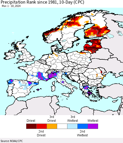 Europe Precipitation Rank since 1981, 10-Day (CPC) Thematic Map For 3/1/2024 - 3/10/2024