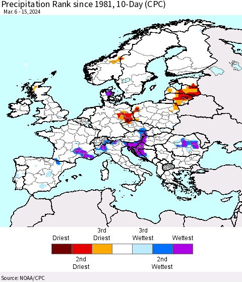 Europe Precipitation Rank since 1981, 10-Day (CPC) Thematic Map For 3/6/2024 - 3/15/2024