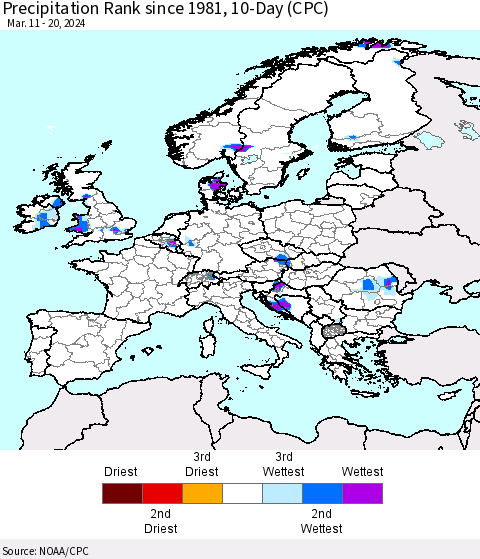 Europe Precipitation Rank since 1981, 10-Day (CPC) Thematic Map For 3/11/2024 - 3/20/2024