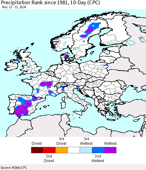 Europe Precipitation Rank since 1981, 10-Day (CPC) Thematic Map For 3/21/2024 - 3/31/2024