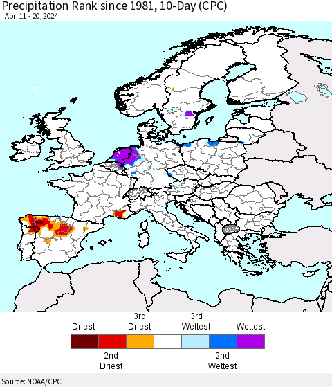 Europe Precipitation Rank since 1981, 10-Day (CPC) Thematic Map For 4/11/2024 - 4/20/2024