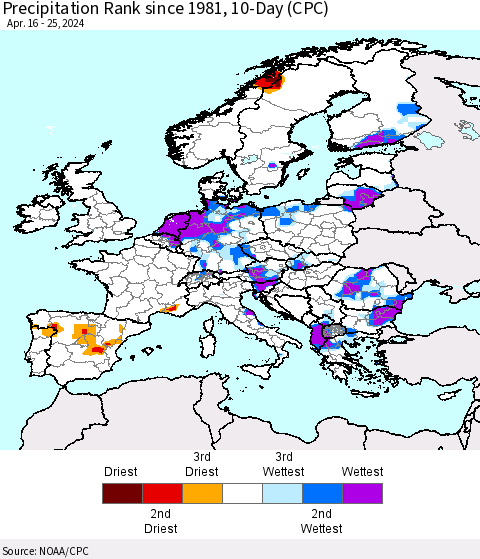 Europe Precipitation Rank since 1981, 10-Day (CPC) Thematic Map For 4/16/2024 - 4/25/2024