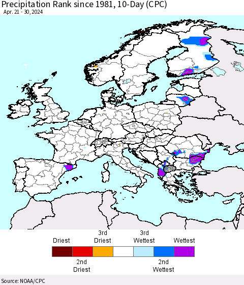 Europe Precipitation Rank since 1981, 10-Day (CPC) Thematic Map For 4/21/2024 - 4/30/2024