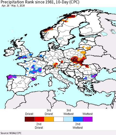 Europe Precipitation Rank since 1981, 10-Day (CPC) Thematic Map For 4/26/2024 - 5/5/2024