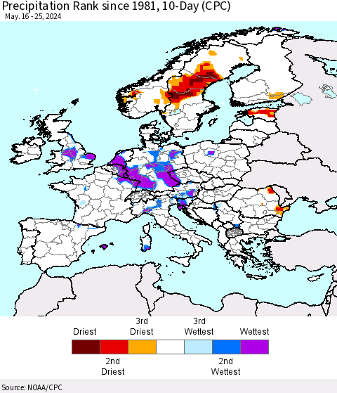 Europe Precipitation Rank since 1981, 10-Day (CPC) Thematic Map For 5/16/2024 - 5/25/2024