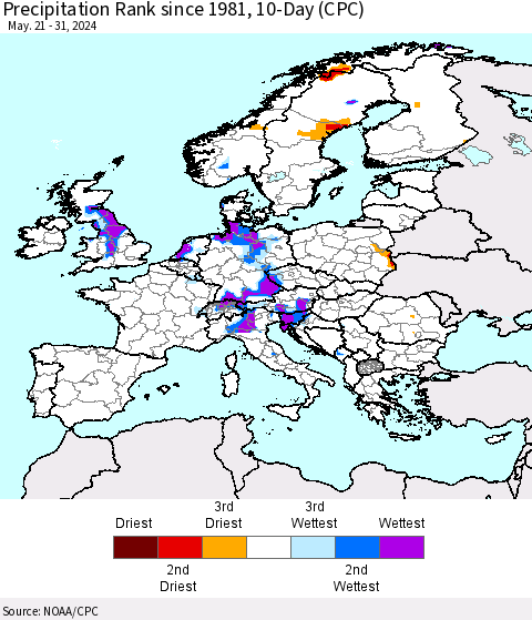 Europe Precipitation Rank since 1981, 10-Day (CPC) Thematic Map For 5/21/2024 - 5/31/2024