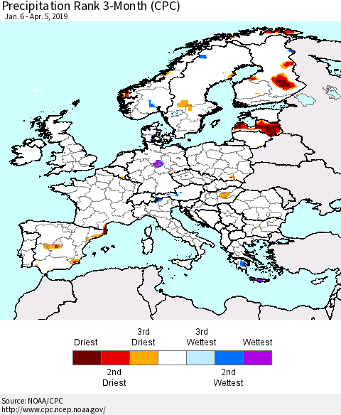 Europe Precipitation Rank since 1981, 3-Month (CPC) Thematic Map For 1/6/2019 - 4/5/2019