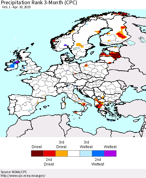 Europe Precipitation Rank since 1981, 3-Month (CPC) Thematic Map For 2/1/2019 - 4/30/2019