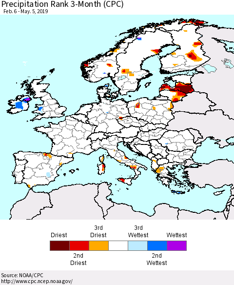 Europe Precipitation Rank since 1981, 3-Month (CPC) Thematic Map For 2/6/2019 - 5/5/2019