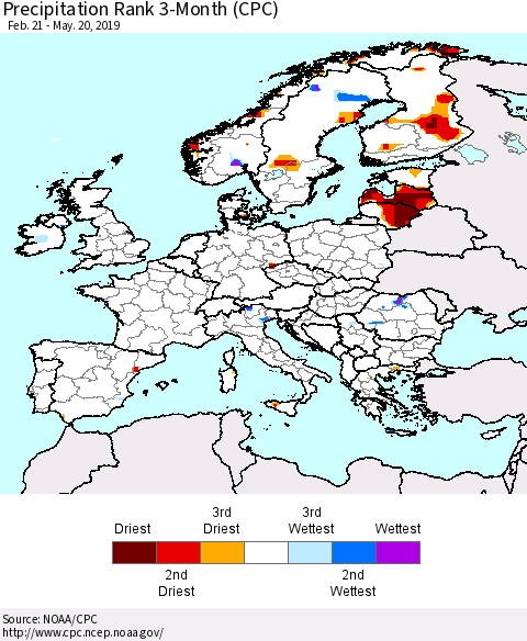 Europe Precipitation Rank since 1981, 3-Month (CPC) Thematic Map For 2/21/2019 - 5/20/2019