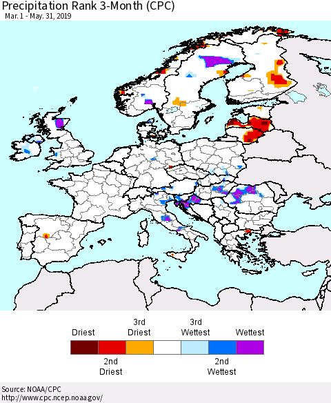 Europe Precipitation Rank 3-Month (CPC) Thematic Map For 3/1/2019 - 5/31/2019