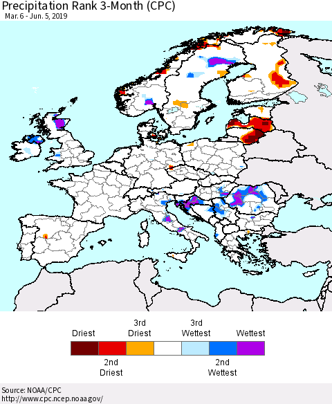 Europe Precipitation Rank since 1981, 3-Month (CPC) Thematic Map For 3/6/2019 - 6/5/2019