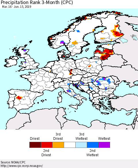 Europe Precipitation Rank 3-Month (CPC) Thematic Map For 3/16/2019 - 6/15/2019