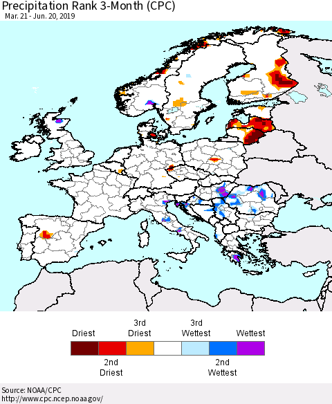 Europe Precipitation Rank since 1981, 3-Month (CPC) Thematic Map For 3/21/2019 - 6/20/2019