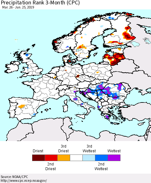 Europe Precipitation Rank 3-Month (CPC) Thematic Map For 3/26/2019 - 6/25/2019
