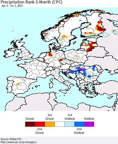 Europe Precipitation Rank 3-Month (CPC) Thematic Map For 4/6/2019 - 7/5/2019