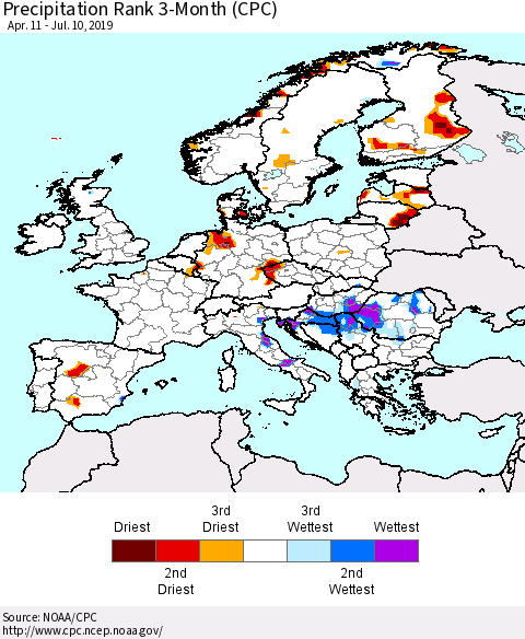 Europe Precipitation Rank 3-Month (CPC) Thematic Map For 4/11/2019 - 7/10/2019