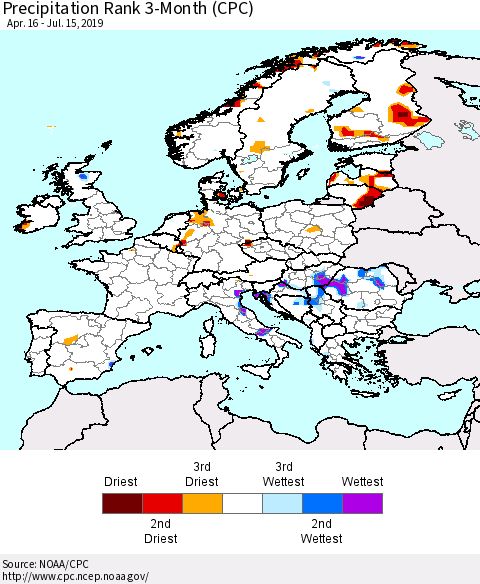 Europe Precipitation Rank since 1981, 3-Month (CPC) Thematic Map For 4/16/2019 - 7/15/2019