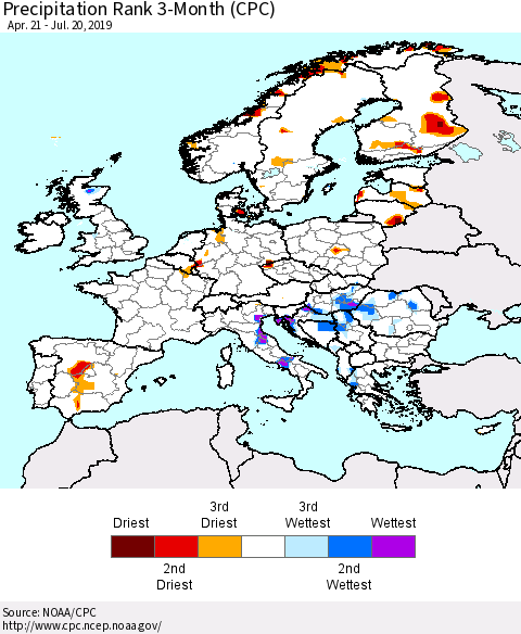 Europe Precipitation Rank since 1981, 3-Month (CPC) Thematic Map For 4/21/2019 - 7/20/2019