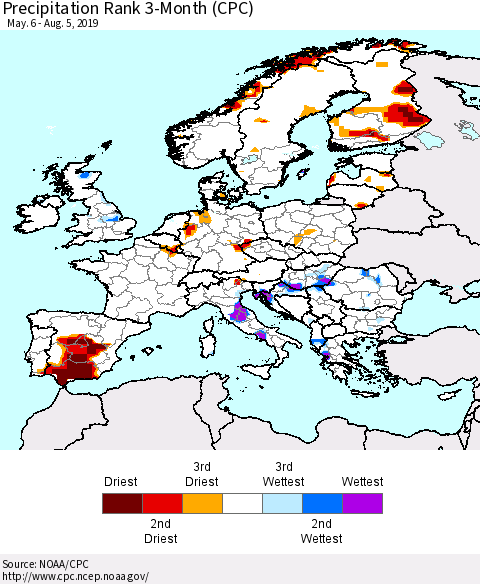 Europe Precipitation Rank 3-Month (CPC) Thematic Map For 5/6/2019 - 8/5/2019