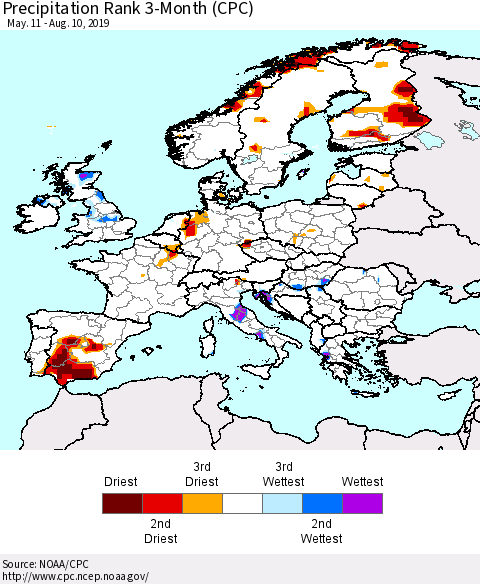 Europe Precipitation Rank since 1981, 3-Month (CPC) Thematic Map For 5/11/2019 - 8/10/2019