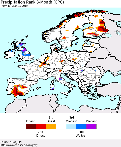 Europe Precipitation Rank 3-Month (CPC) Thematic Map For 5/16/2019 - 8/15/2019