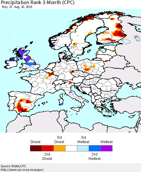 Europe Precipitation Rank 3-Month (CPC) Thematic Map For 5/21/2019 - 8/20/2019