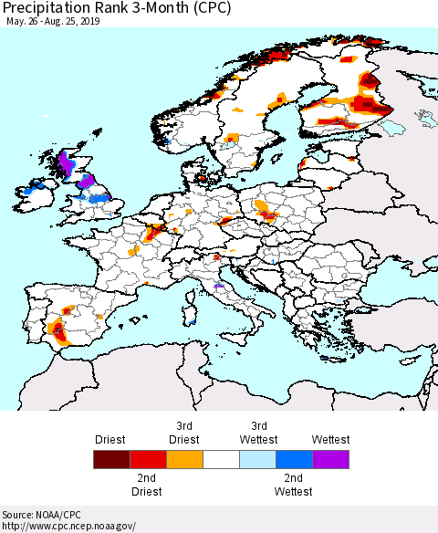 Europe Precipitation Rank 3-Month (CPC) Thematic Map For 5/26/2019 - 8/25/2019