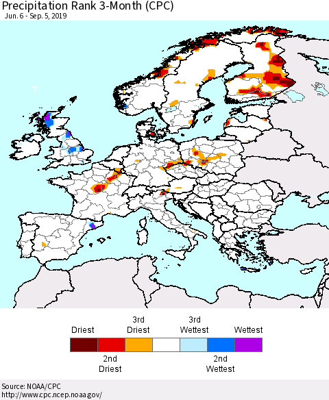 Europe Precipitation Rank 3-Month (CPC) Thematic Map For 6/6/2019 - 9/5/2019