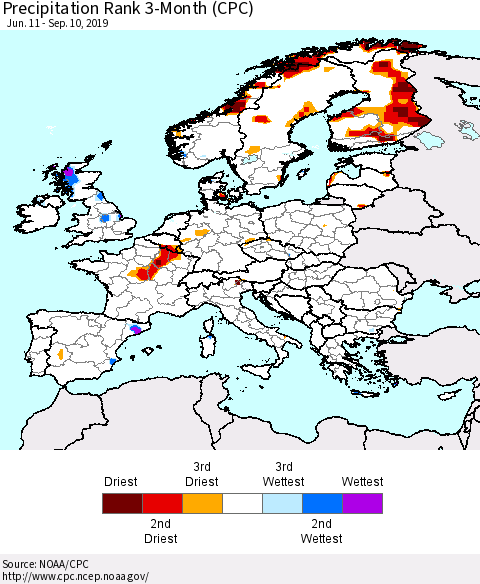 Europe Precipitation Rank since 1981, 3-Month (CPC) Thematic Map For 6/11/2019 - 9/10/2019