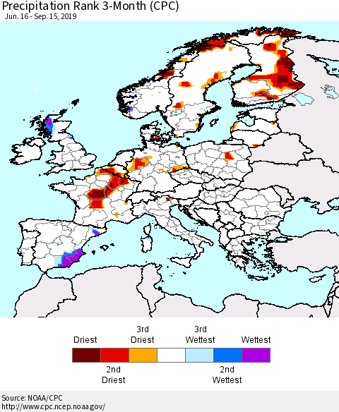 Europe Precipitation Rank 3-Month (CPC) Thematic Map For 6/16/2019 - 9/15/2019