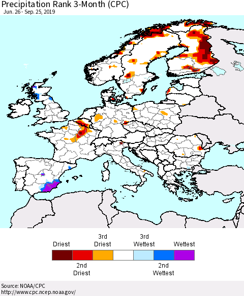 Europe Precipitation Rank since 1981, 3-Month (CPC) Thematic Map For 6/26/2019 - 9/25/2019