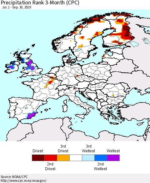 Europe Precipitation Rank 3-Month (CPC) Thematic Map For 7/1/2019 - 9/30/2019