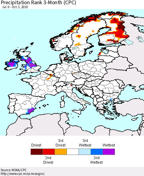 Europe Precipitation Rank 3-Month (CPC) Thematic Map For 7/6/2019 - 10/5/2019
