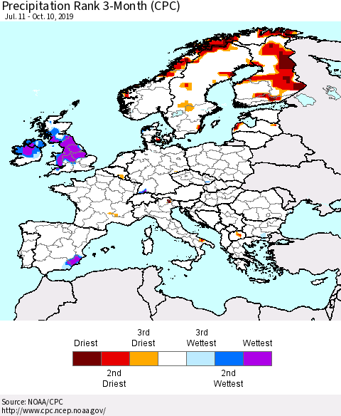 Europe Precipitation Rank 3-Month (CPC) Thematic Map For 7/11/2019 - 10/10/2019