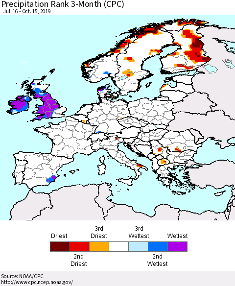 Europe Precipitation Rank 3-Month (CPC) Thematic Map For 7/16/2019 - 10/15/2019