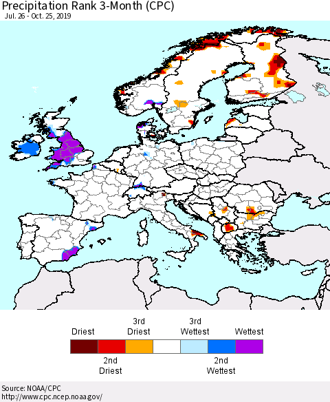 Europe Precipitation Rank 3-Month (CPC) Thematic Map For 7/26/2019 - 10/25/2019