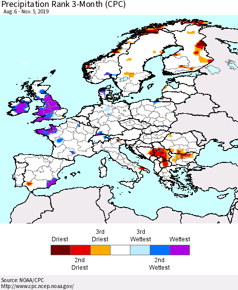 Europe Precipitation Rank 3-Month (CPC) Thematic Map For 8/6/2019 - 11/5/2019