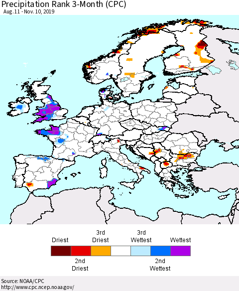Europe Precipitation Rank since 1981, 3-Month (CPC) Thematic Map For 8/11/2019 - 11/10/2019