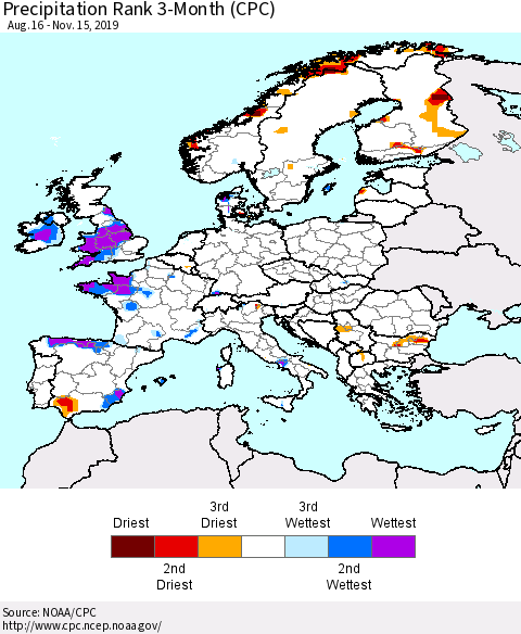 Europe Precipitation Rank 3-Month (CPC) Thematic Map For 8/16/2019 - 11/15/2019