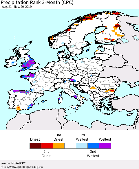 Europe Precipitation Rank since 1981, 3-Month (CPC) Thematic Map For 8/21/2019 - 11/20/2019