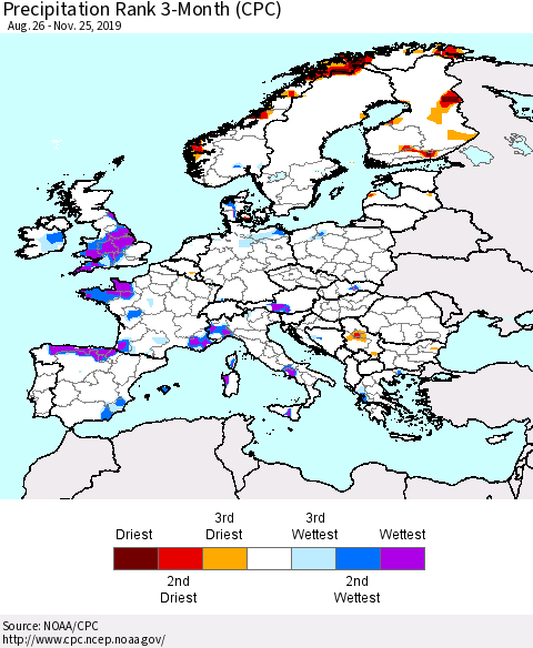Europe Precipitation Rank 3-Month (CPC) Thematic Map For 8/26/2019 - 11/25/2019