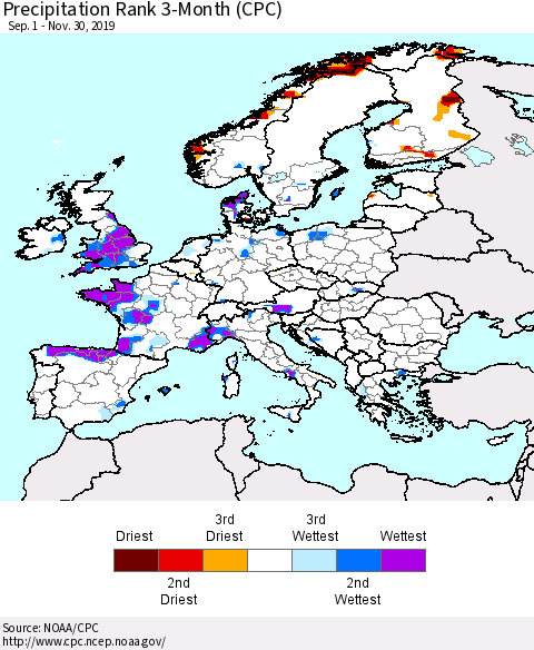 Europe Precipitation Rank 3-Month (CPC) Thematic Map For 9/1/2019 - 11/30/2019