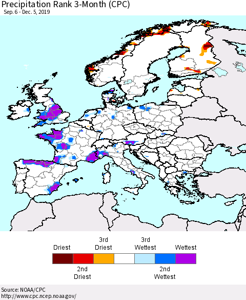 Europe Precipitation Rank 3-Month (CPC) Thematic Map For 9/6/2019 - 12/5/2019