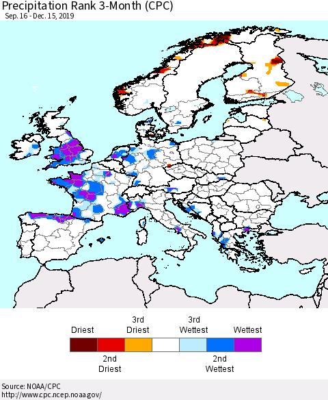 Europe Precipitation Rank 3-Month (CPC) Thematic Map For 9/16/2019 - 12/15/2019