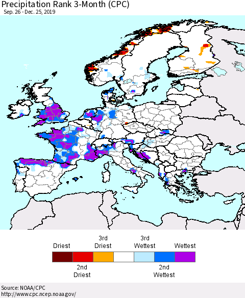 Europe Precipitation Rank since 1981, 3-Month (CPC) Thematic Map For 9/26/2019 - 12/25/2019