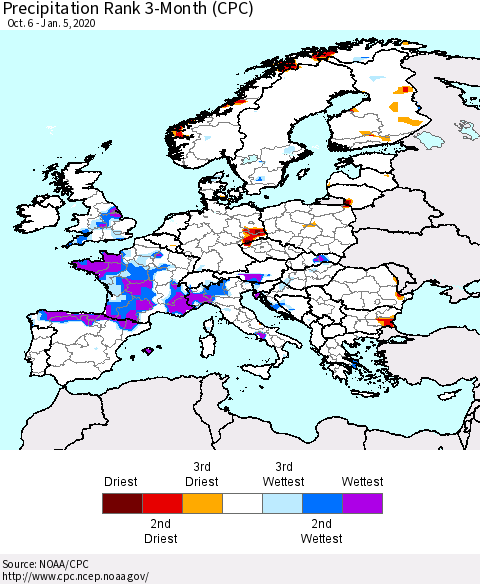 Europe Precipitation Rank 3-Month (CPC) Thematic Map For 10/6/2019 - 1/5/2020