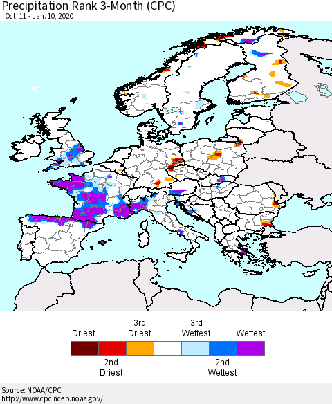 Europe Precipitation Rank 3-Month (CPC) Thematic Map For 10/11/2019 - 1/10/2020